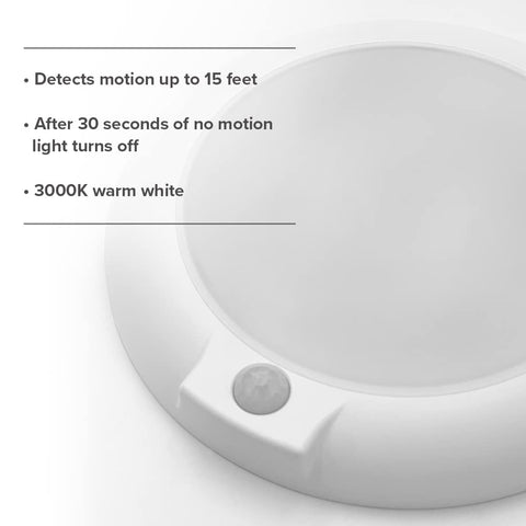 30-second post-motion delay provides comfortable, gradual lighting after activity.