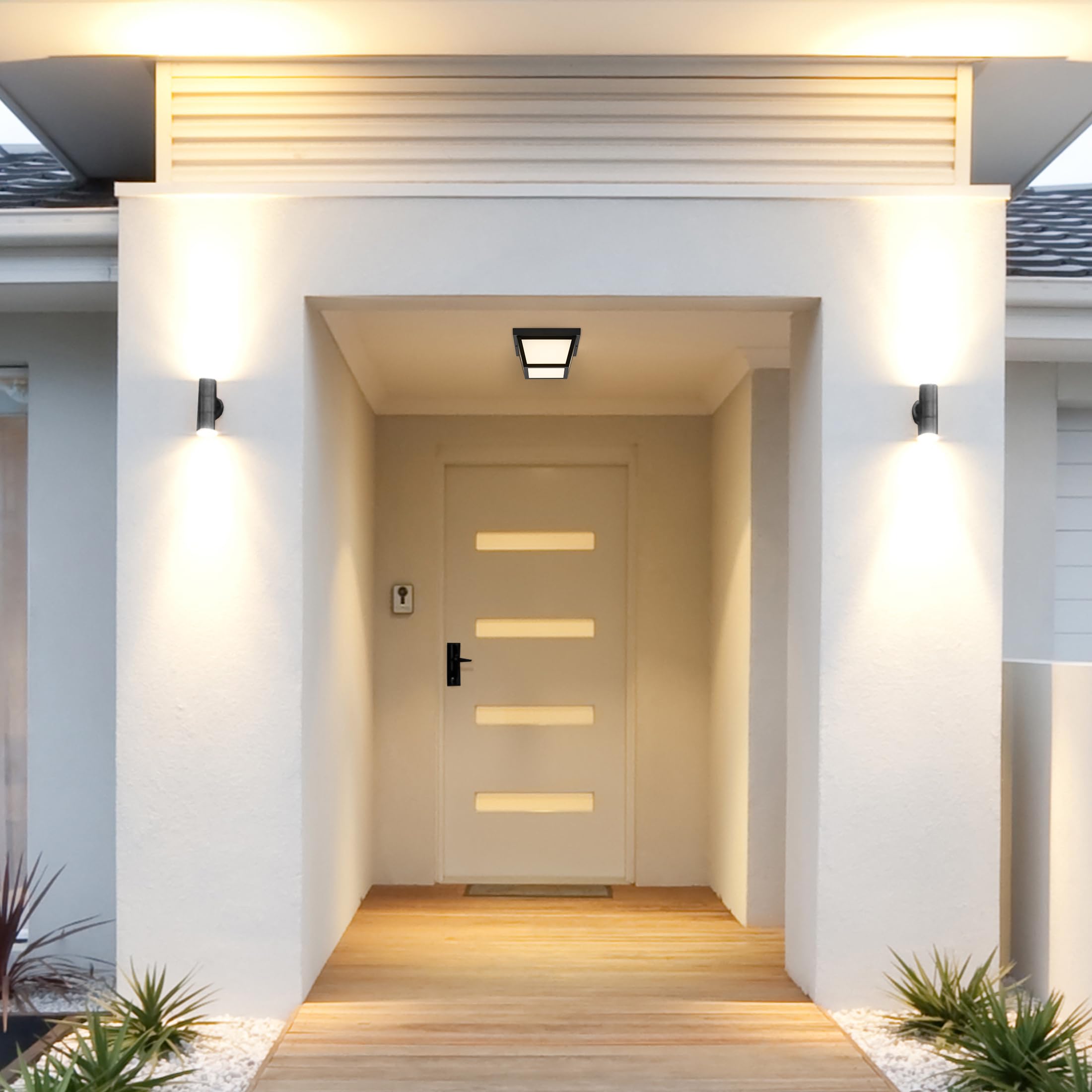 Maxxima damp location use illustrates outdoor placement on porches and overhangs