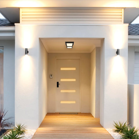 Maxxima damp location use illustrates outdoor placement on porches and overhangs