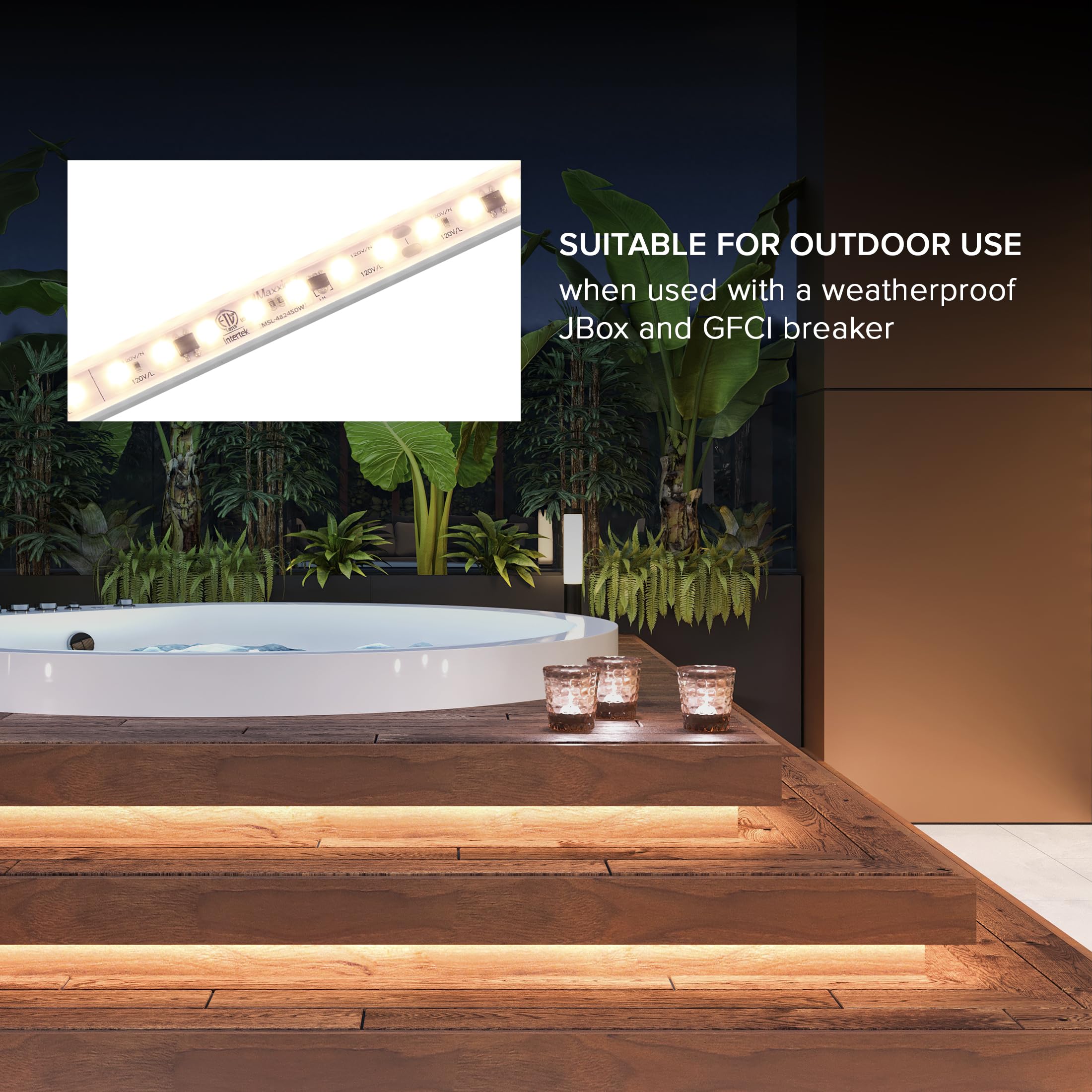 Maxxima indoor-outdoor rated light for versatile use near kitchens or patios.