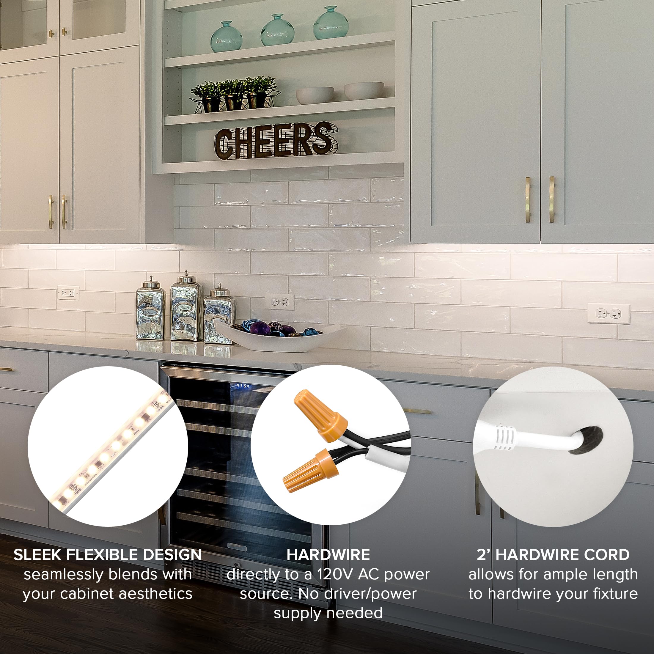 Maxxima slim-profile LED strip under a cabinet for tight spaces.