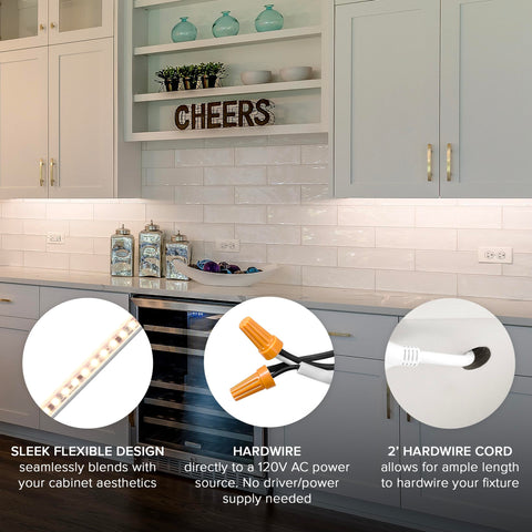 Maxxima slim-profile LED strip under a cabinet for tight spaces.