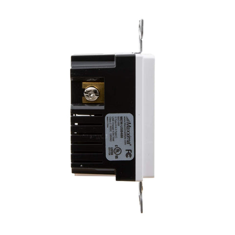 Maxxima USB receptacle outlet delivers 4.8A total for multiple devices charging together.
