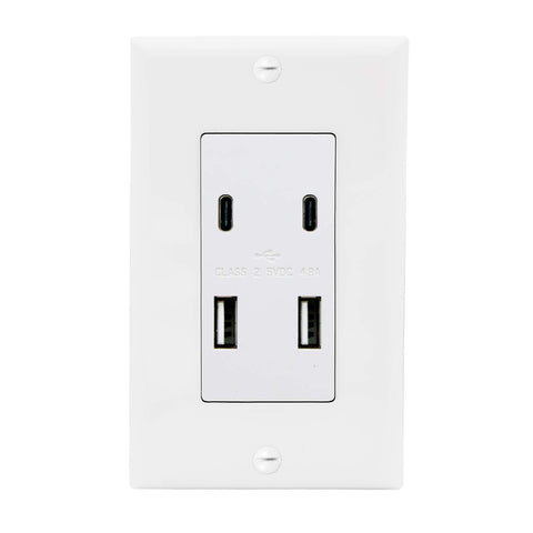 Maxxima USB receptacle outlet with four ports enabling simultaneous charging at home or office.