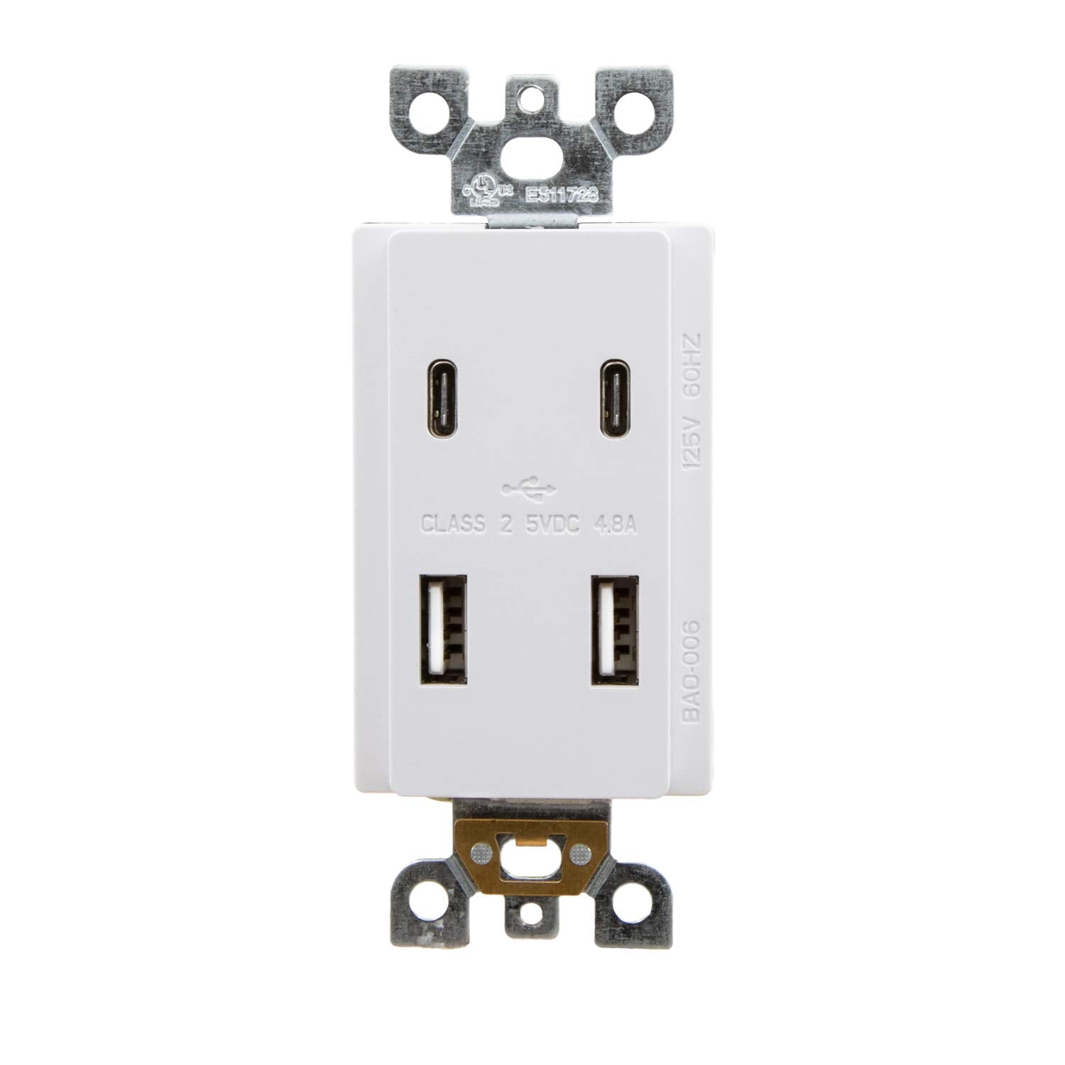 Maxxima USB receptacle outlet vertical design saves space on desks and walls.