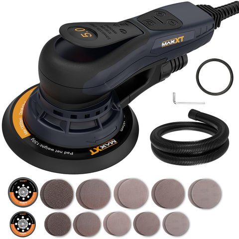 MAXXT Electric Sander front view with dual backing pads for versatile woodworking tasks.