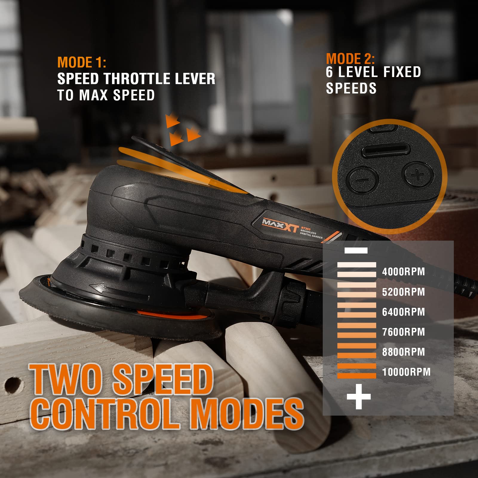 MAXXT Electric Sander side view highlighting ergonomic grip for comfortable extended use.