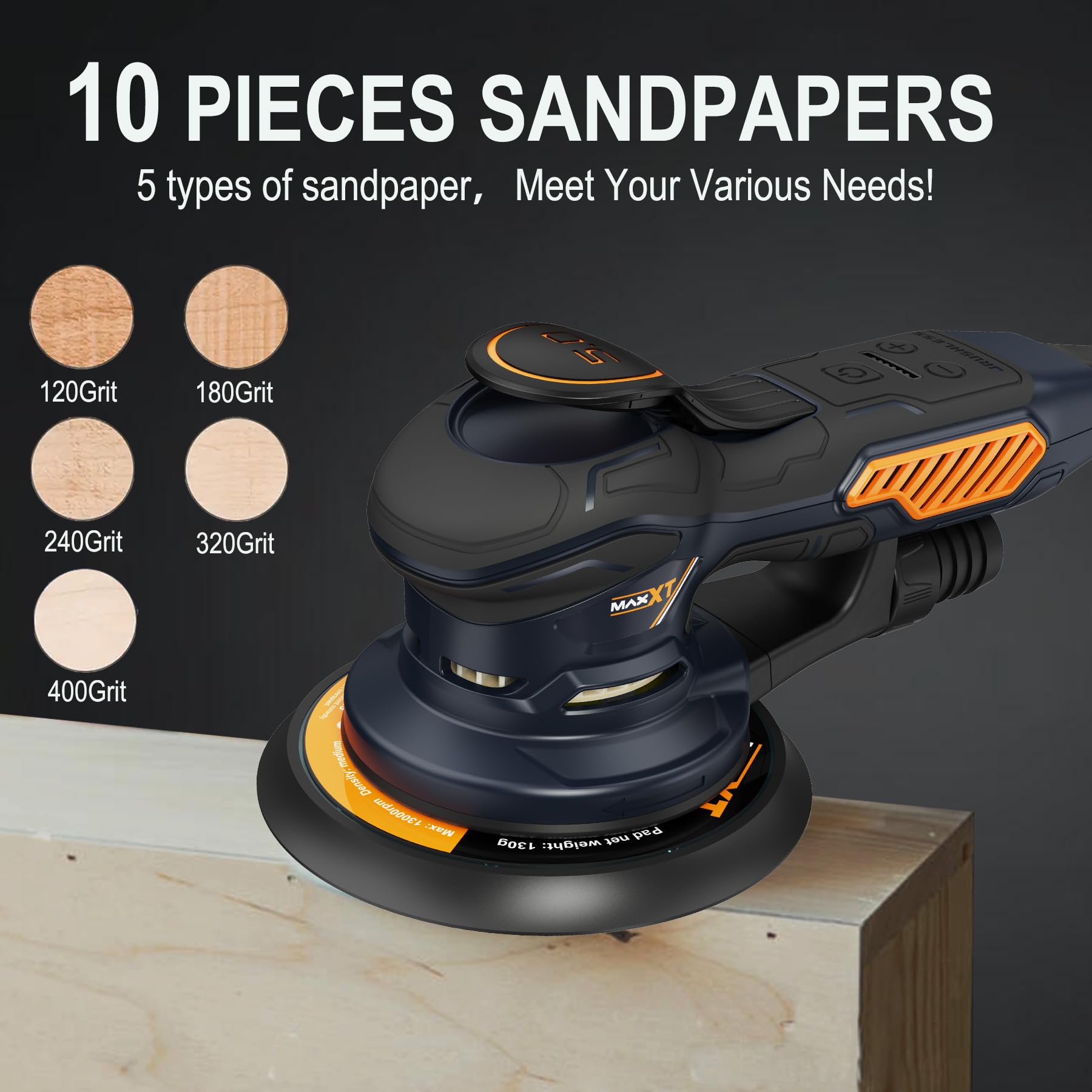MAXXT Ramdon orbital sander includes 10 sanding discs for immediate use