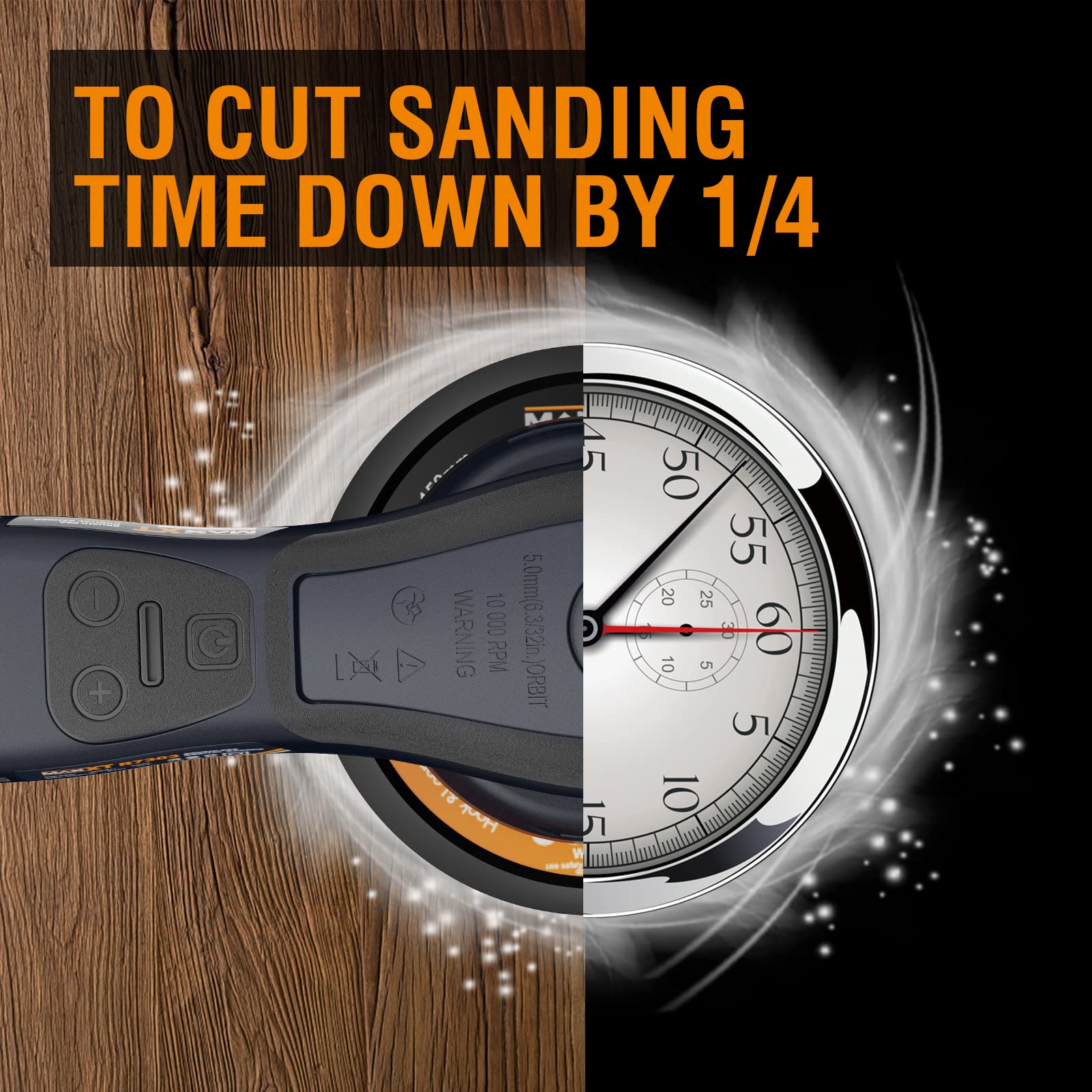 MAXXT Sander with 6-inch pad attached for fast coverage on large surfaces.