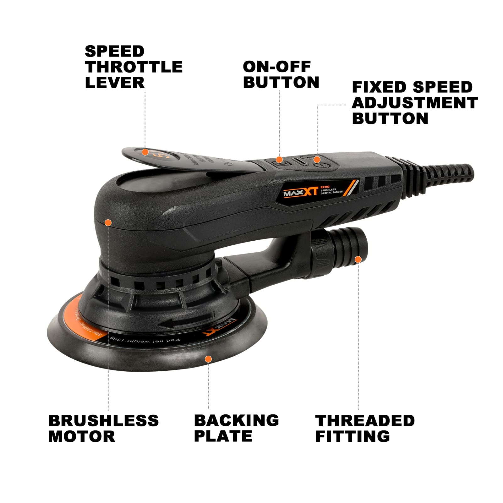 MAXXT Sander ergonomic grip aids two-handed control for better precision.
