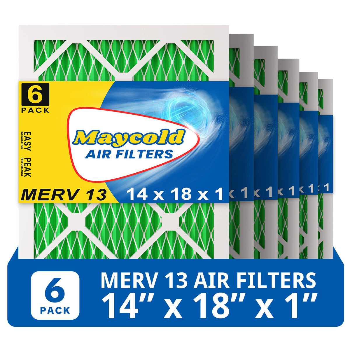 Maycold MERV 13 filter six-pack, six filters ready for installation, improves indoor air quality.