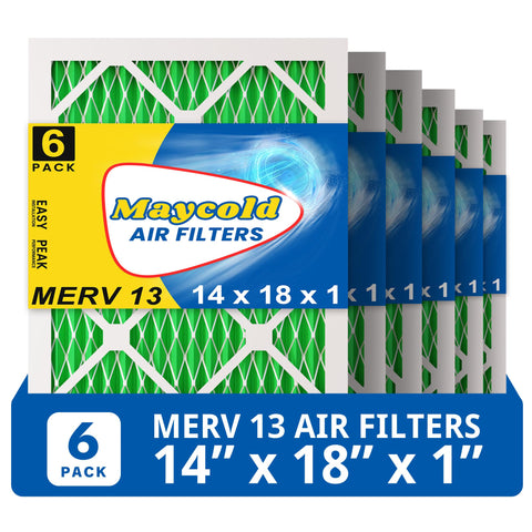 Maycold MERV 13 filter six-pack, six filters ready for installation, improves indoor air quality.