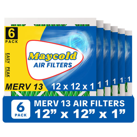 Maycold MERV 13 filter shows exact fit for 11.70 x 11.70 x 0.75 inches slots, supporting clean air