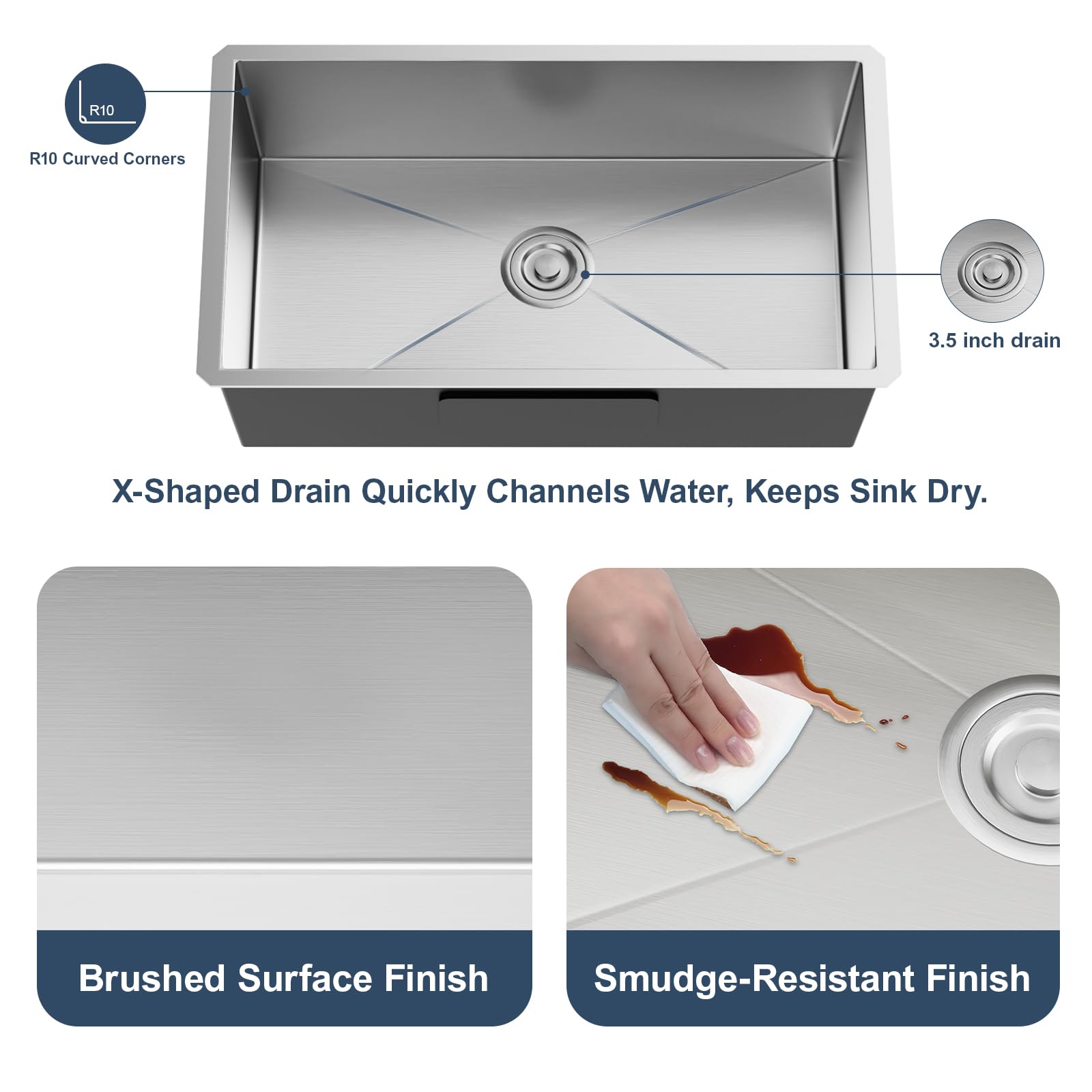 MAYESAR 28-inch undermount sink bowl detail shows R10 corners for easy cleaning