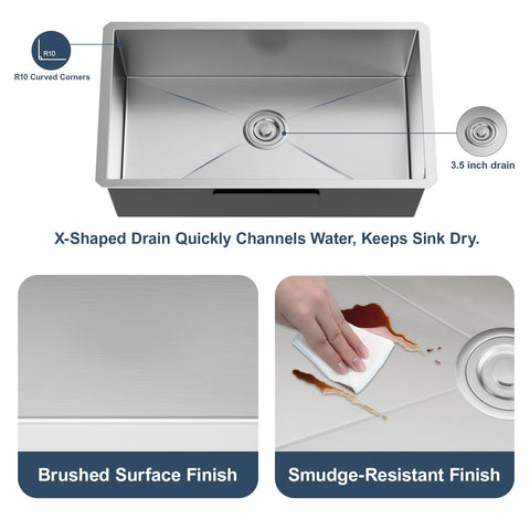 MAYESAR 28-inch undermount sink bowl detail shows R10 corners for easy cleaning