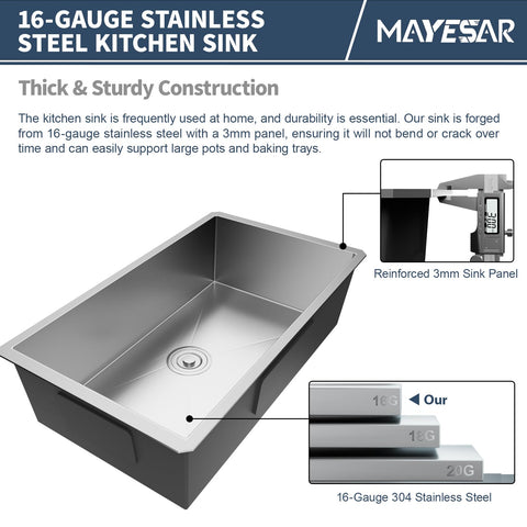 MAYESAR 28-inch undermount sink drain assembly image highlights quick-install design