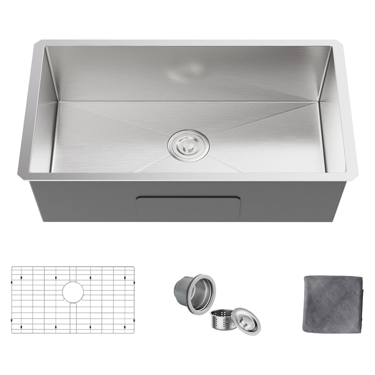 MAYESAR 28-inch undermount sink front view shows brushed finish for easy cleaning