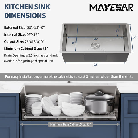 MAYESAR 28-inch undermount sink side view emphasizes quiet operation with sound-dampening pads