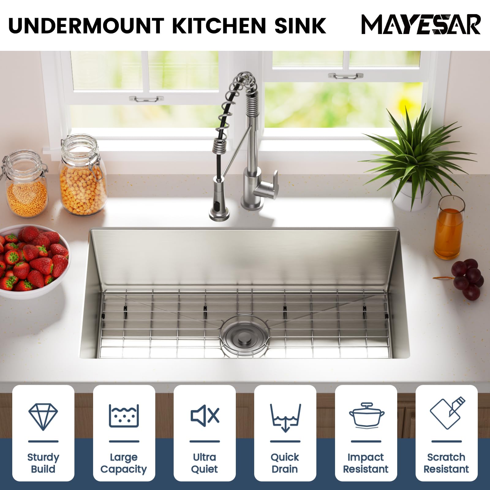 MAYESAR 28-inch undermount sink top view highlights deep single bowl for large pots