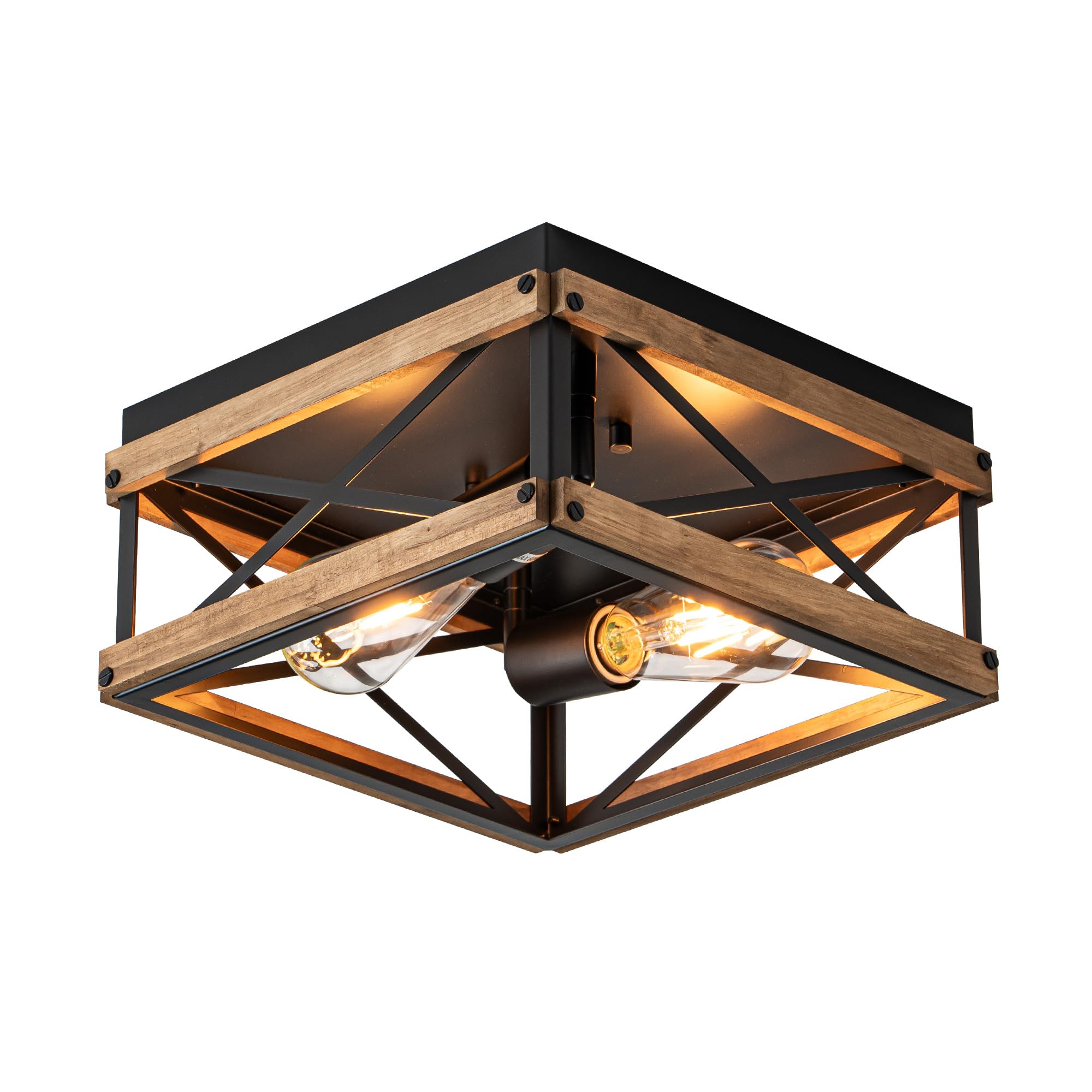 Mayful black flush mount with rustic wood and metal frame for warm kitchen lighting