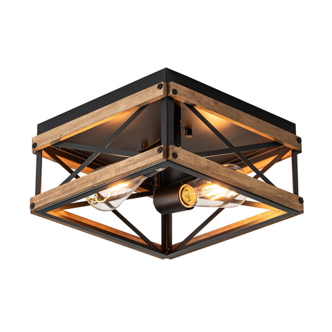 Mayful black flush mount with rustic wood and metal frame for warm kitchen lighting