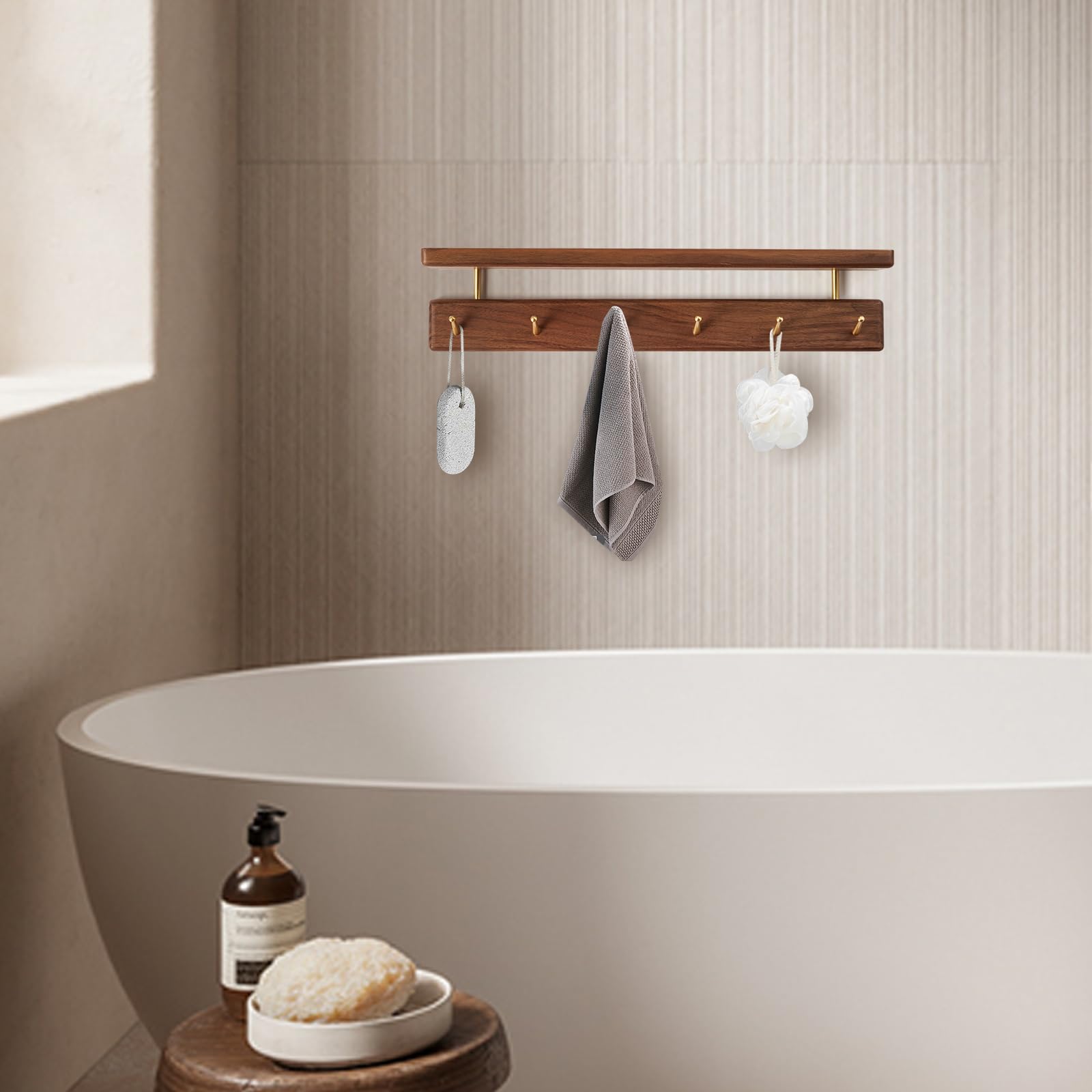 Mayhas diagonal brass hooks prevent slipping and snagging items.