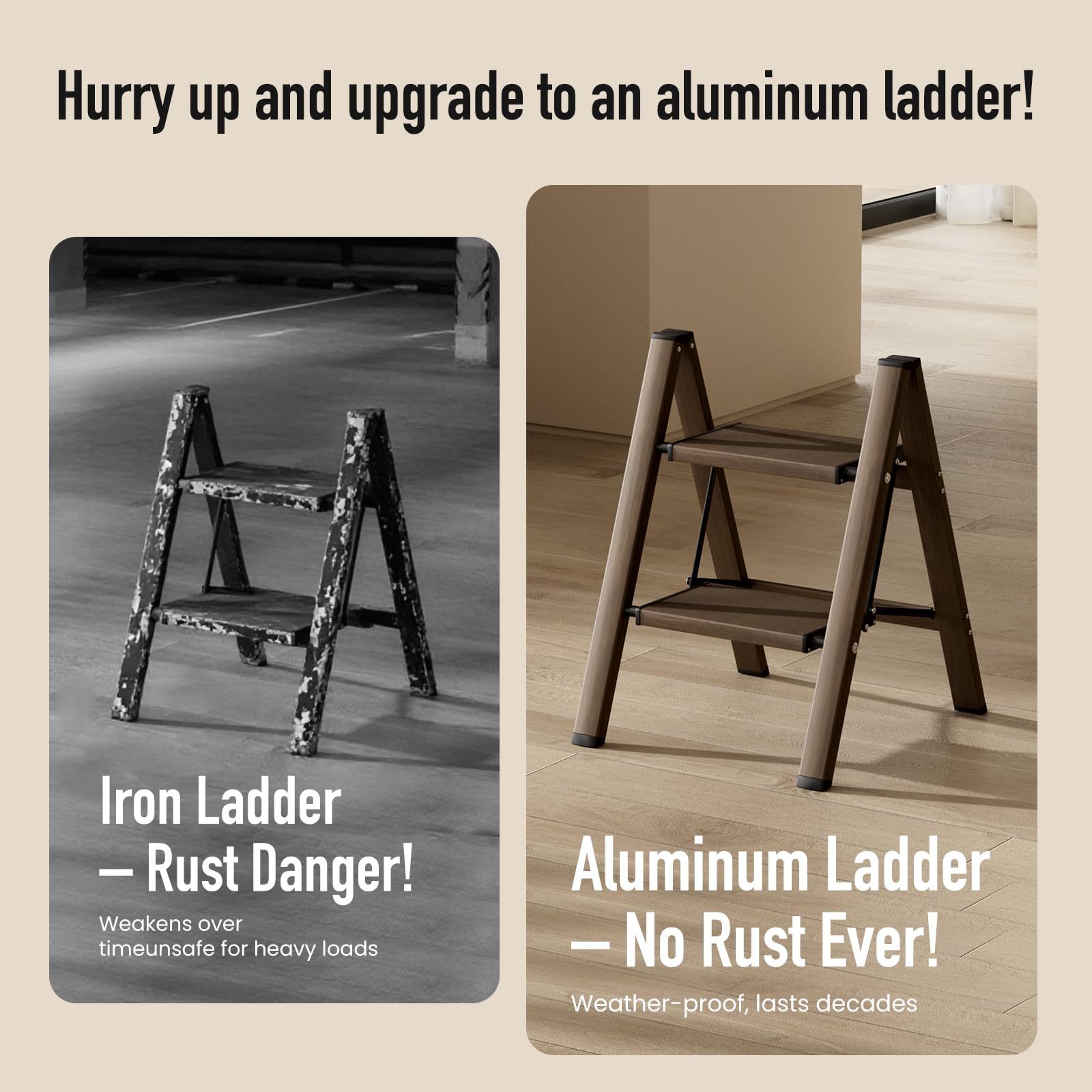 Mayi Plus 2 Step Ladder top step height 17.7 inches for reaching shelves