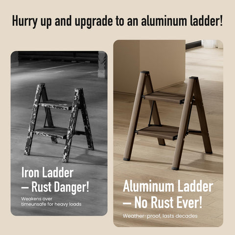 Mayi Plus 2 Step Ladder top step height 17.7 inches for reaching shelves