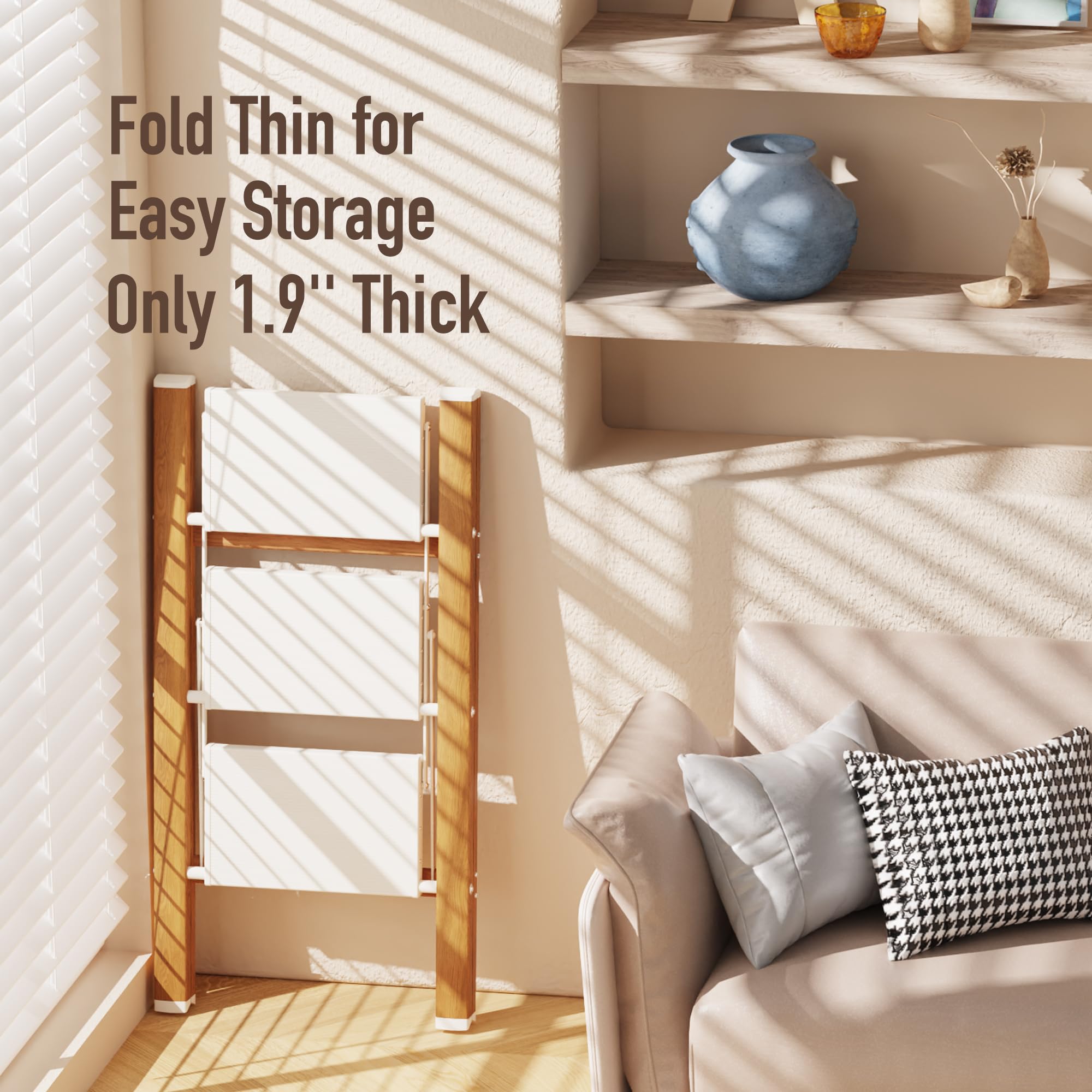 Mayi Plus 3-Step ladder folded, ready for compact storage in a corner.