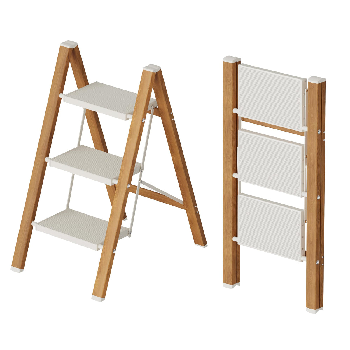 Mayi Plus 3-Step ladder open, showing reach to high shelves with stable footing.