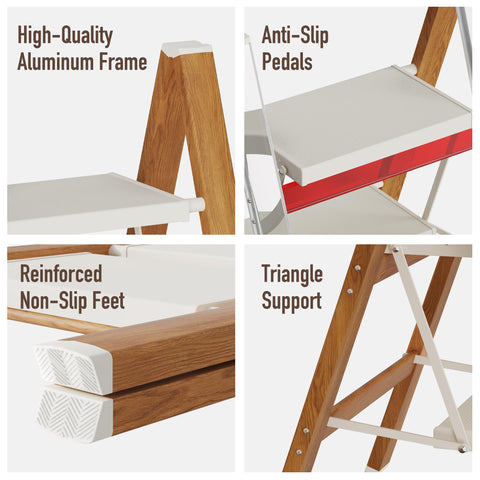 Mayi Plus ladder in living room, helping reach tall shelves safely.