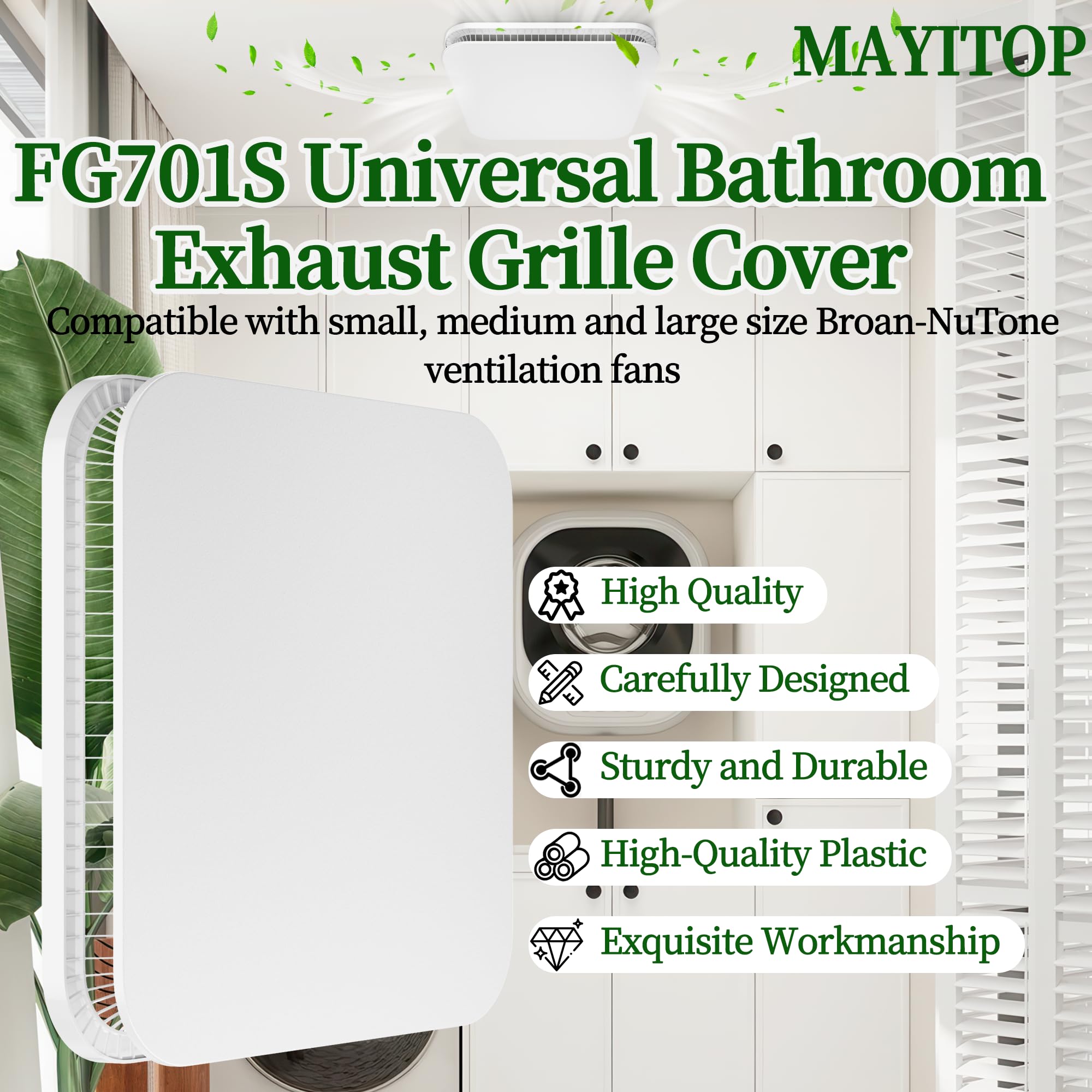 White MAYITOP grille blends with ceiling for a clean, modern look.