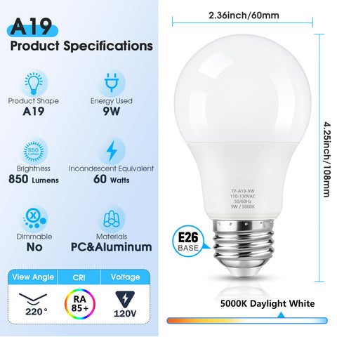 Maylaywood A19 LED bulbs non-dimmable for steady brightness