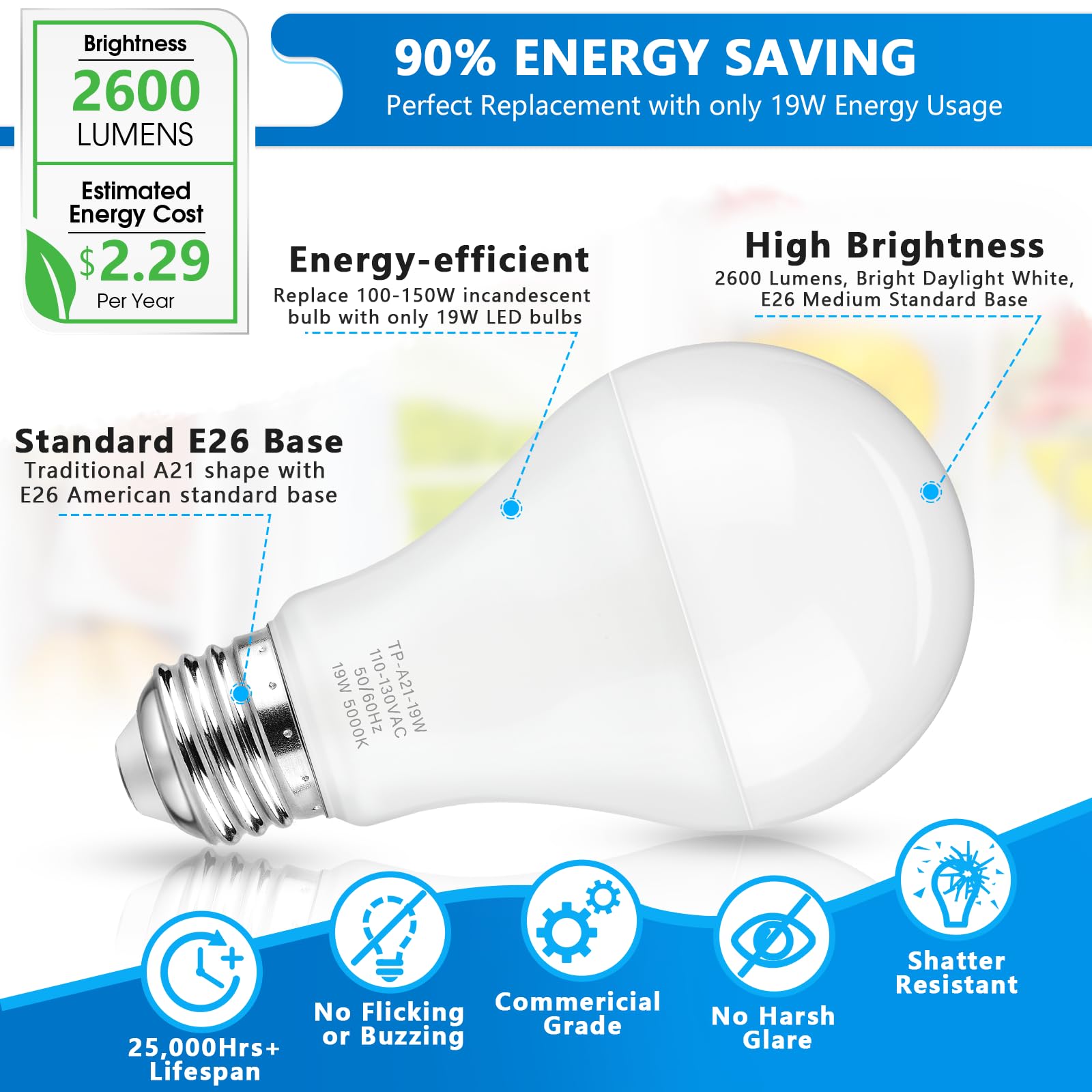 Maylaywood A21 LED Bulb with E26 base for easy installation
