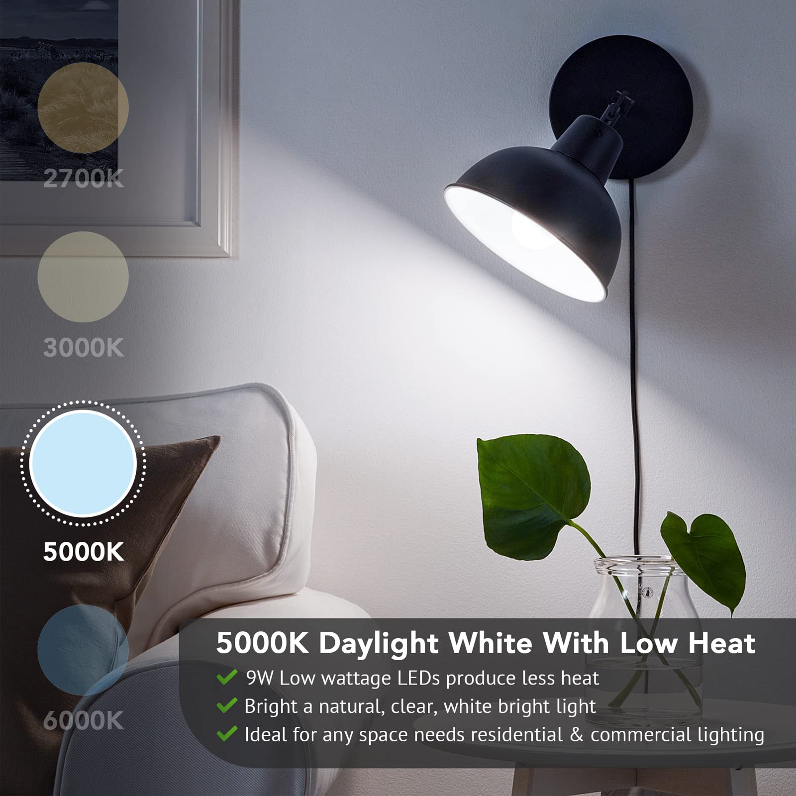 Maylaywood daylight 5000K LED bulb delivers crisp daylight in living areas.