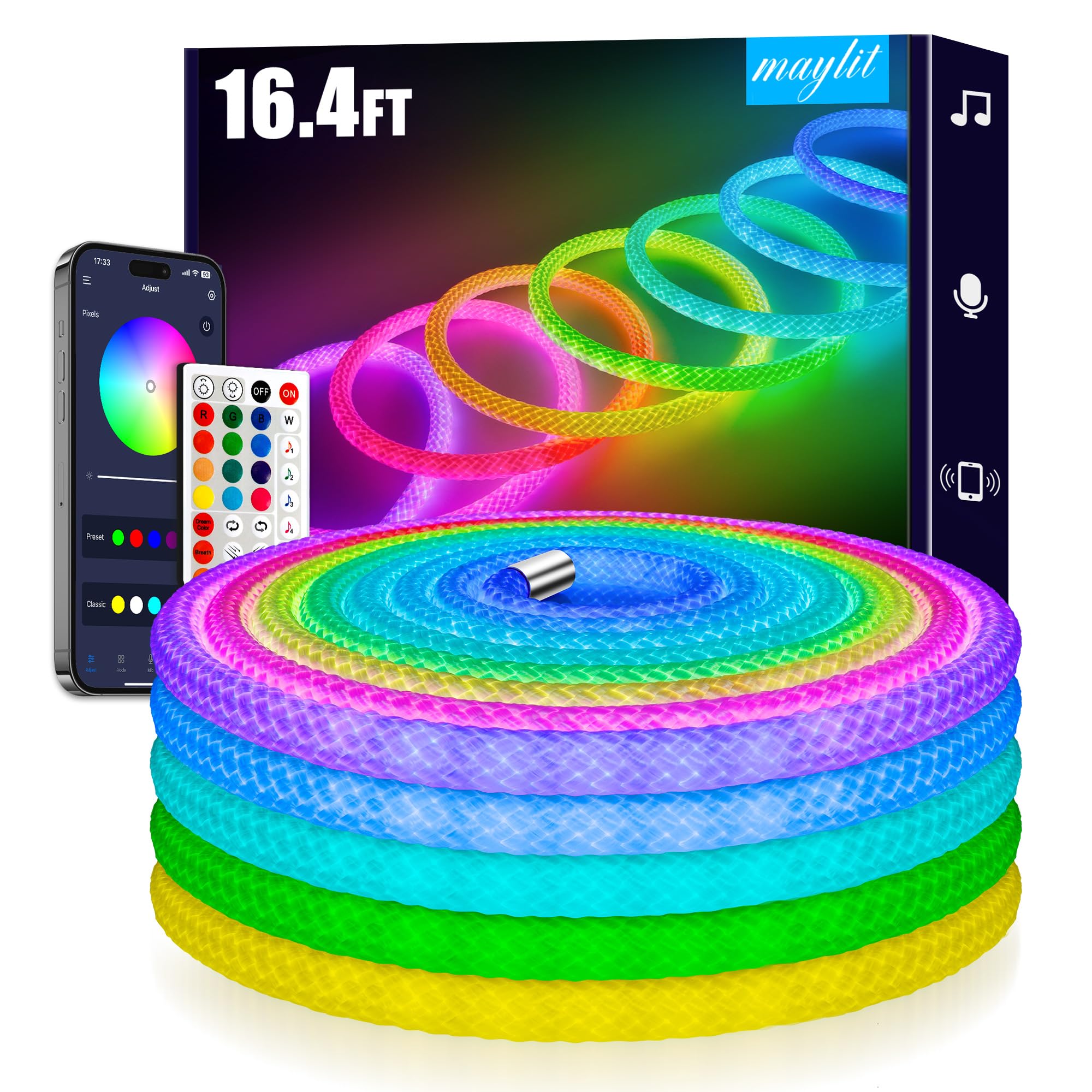 maylit 360-degree rope light weave delivering seamless illumination for chic home décor accents.