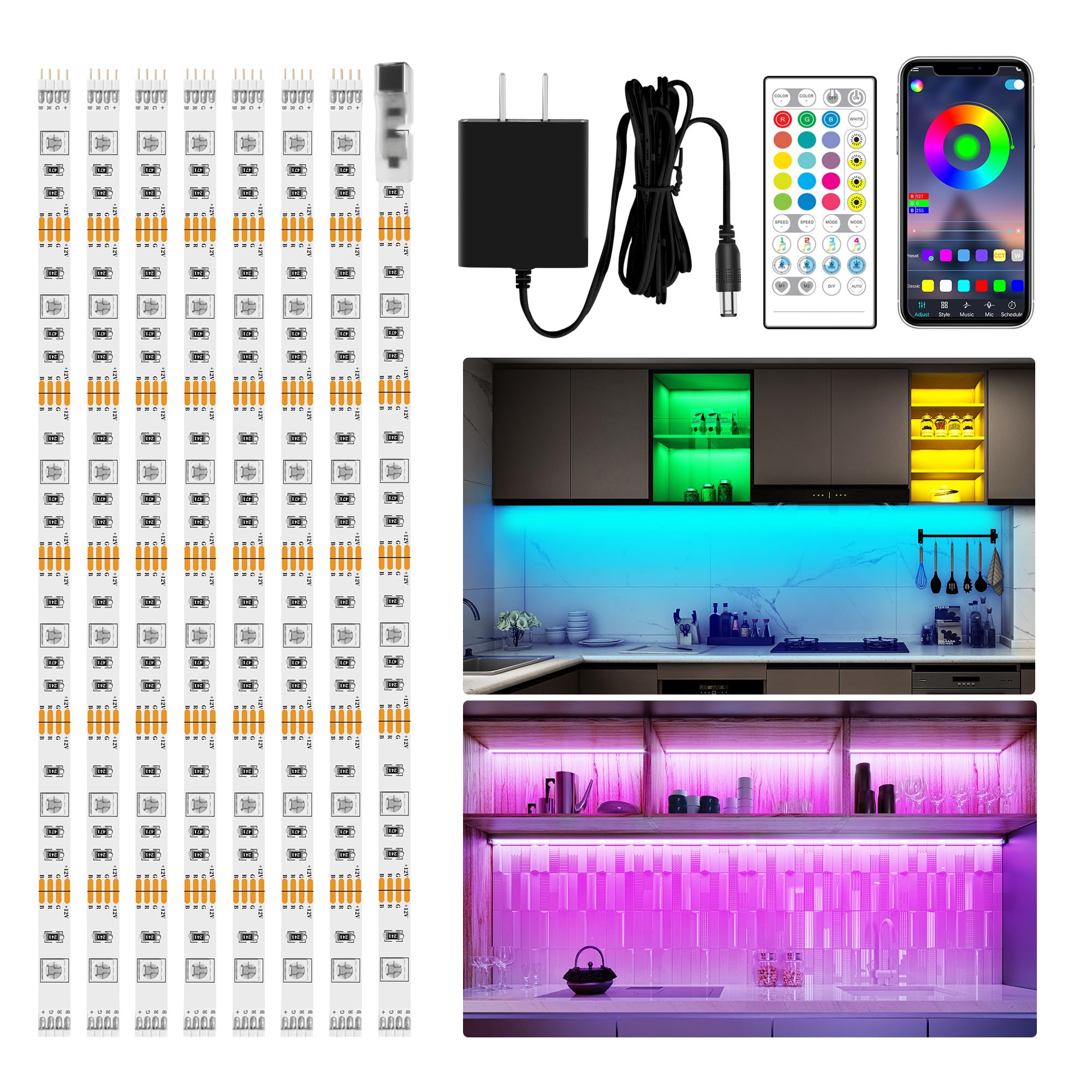 maylit 8-piece RGB under-cabinet lights installed on a cabinet for customizable ambiance