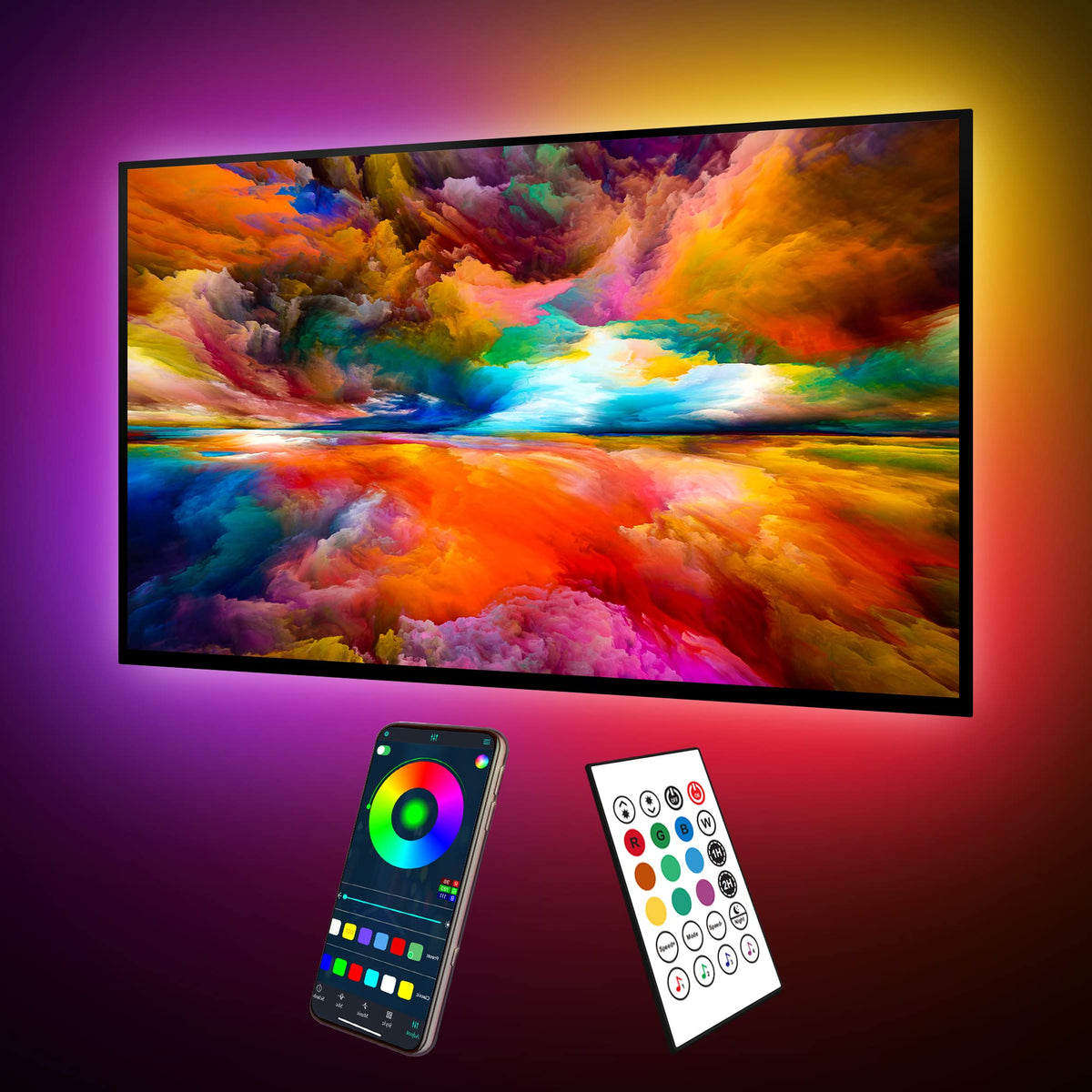 Maylit ICRGB TV backlight strip mounted behind the TV enhances viewing ambience.