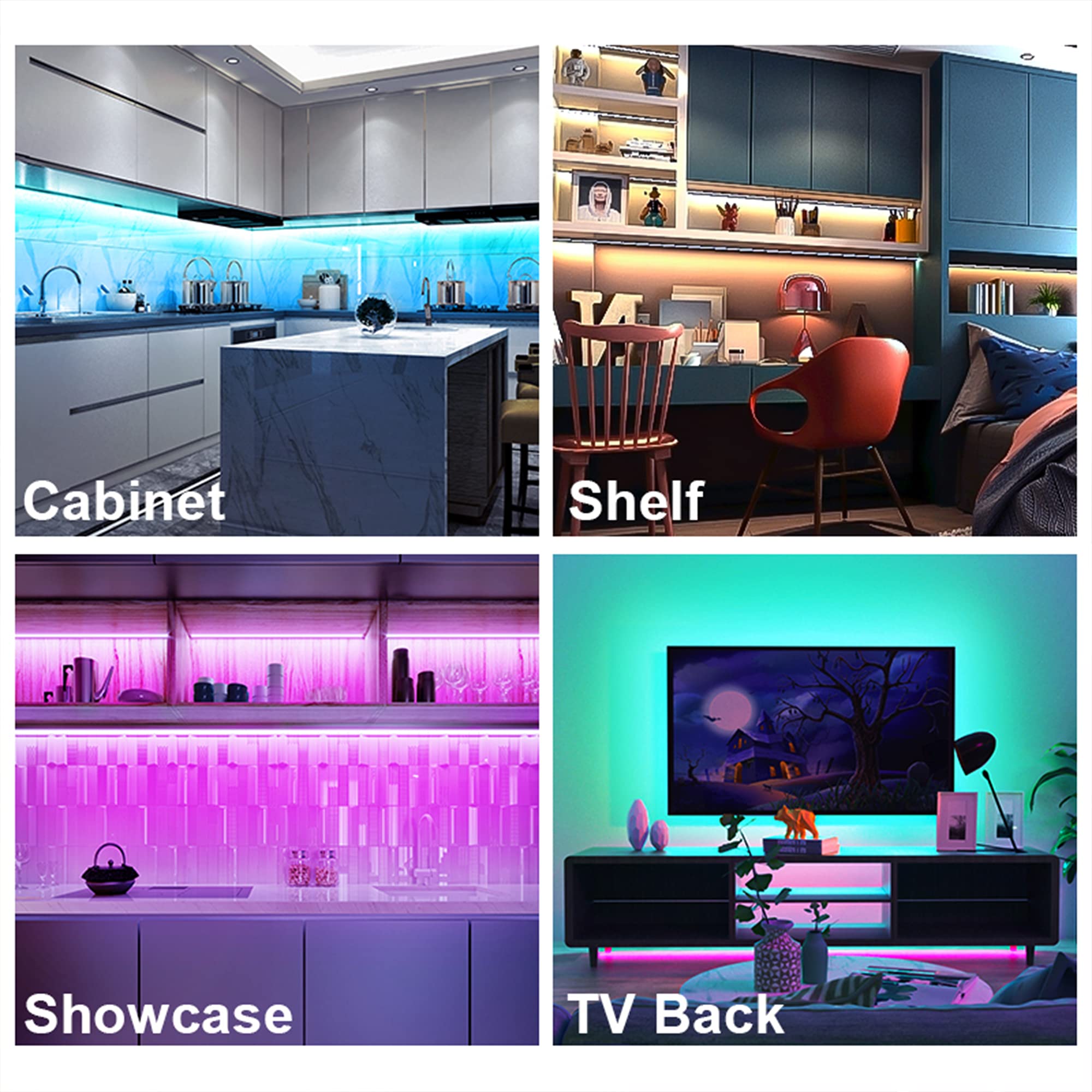 Maylit kitchen cabinet LED strips brighten counters and shelves with vivid colors.