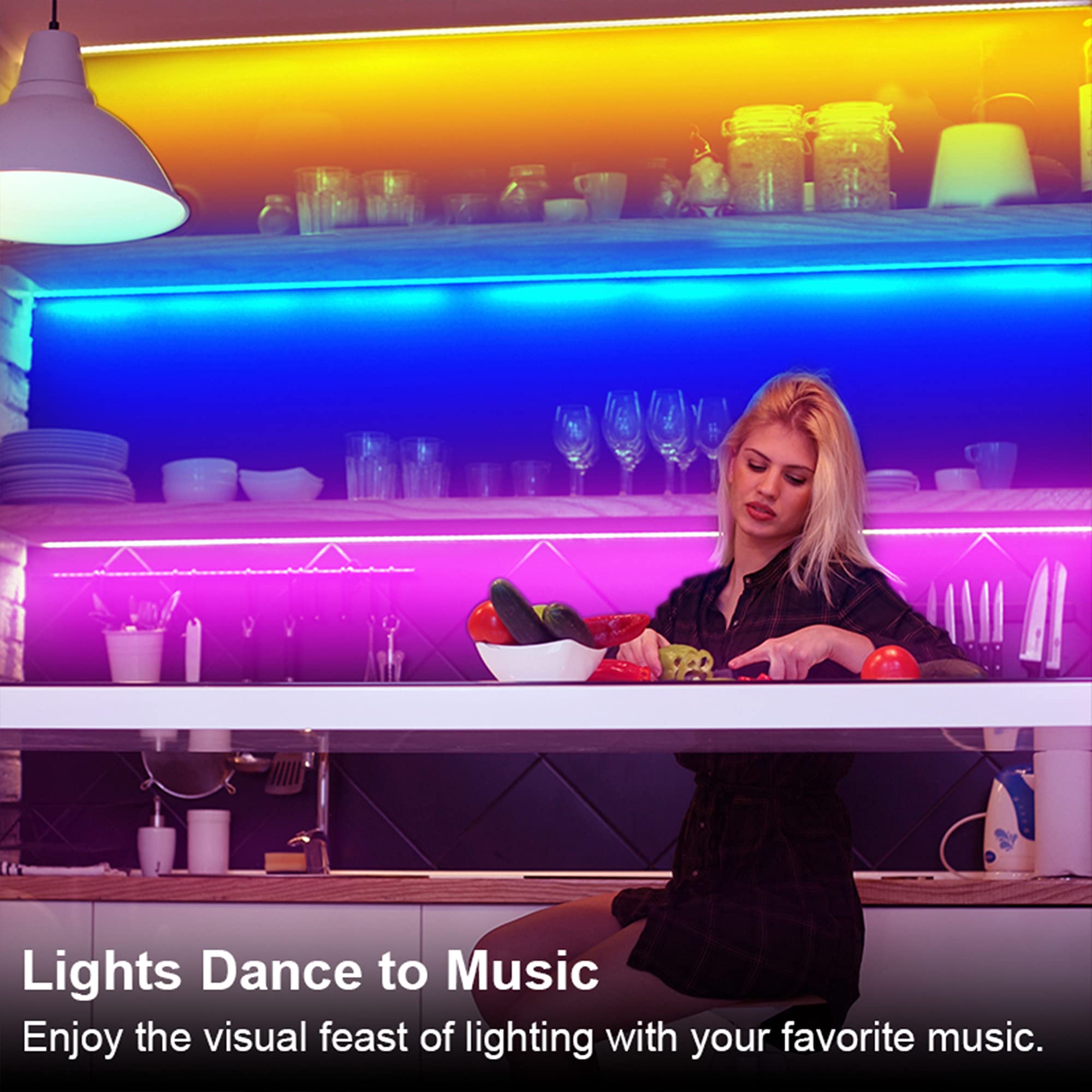 Maylit music-sync RGB lights respond to rhythms for ambient kitchen scenes.