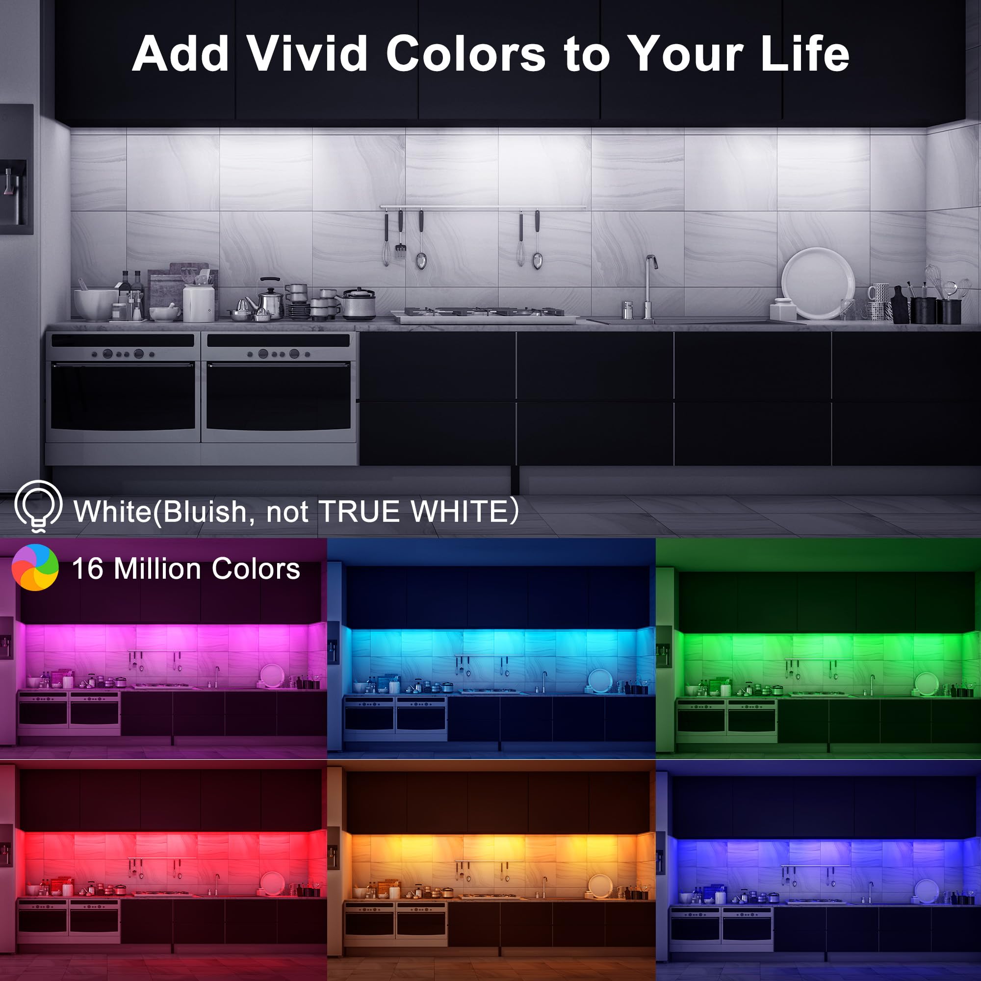 Maylit RGB LED kitchen cabinet light offers vivid colors for customizable mood lighting any time.