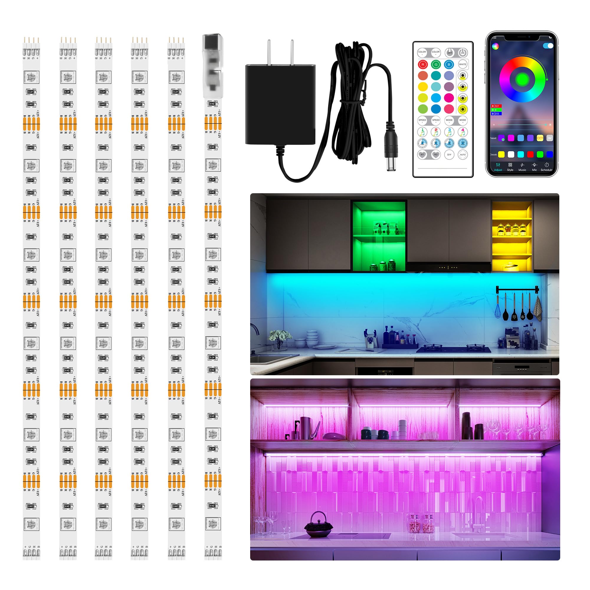Maylit RGB under-cabinet light strip assembly for seamless cabinet illumination.
