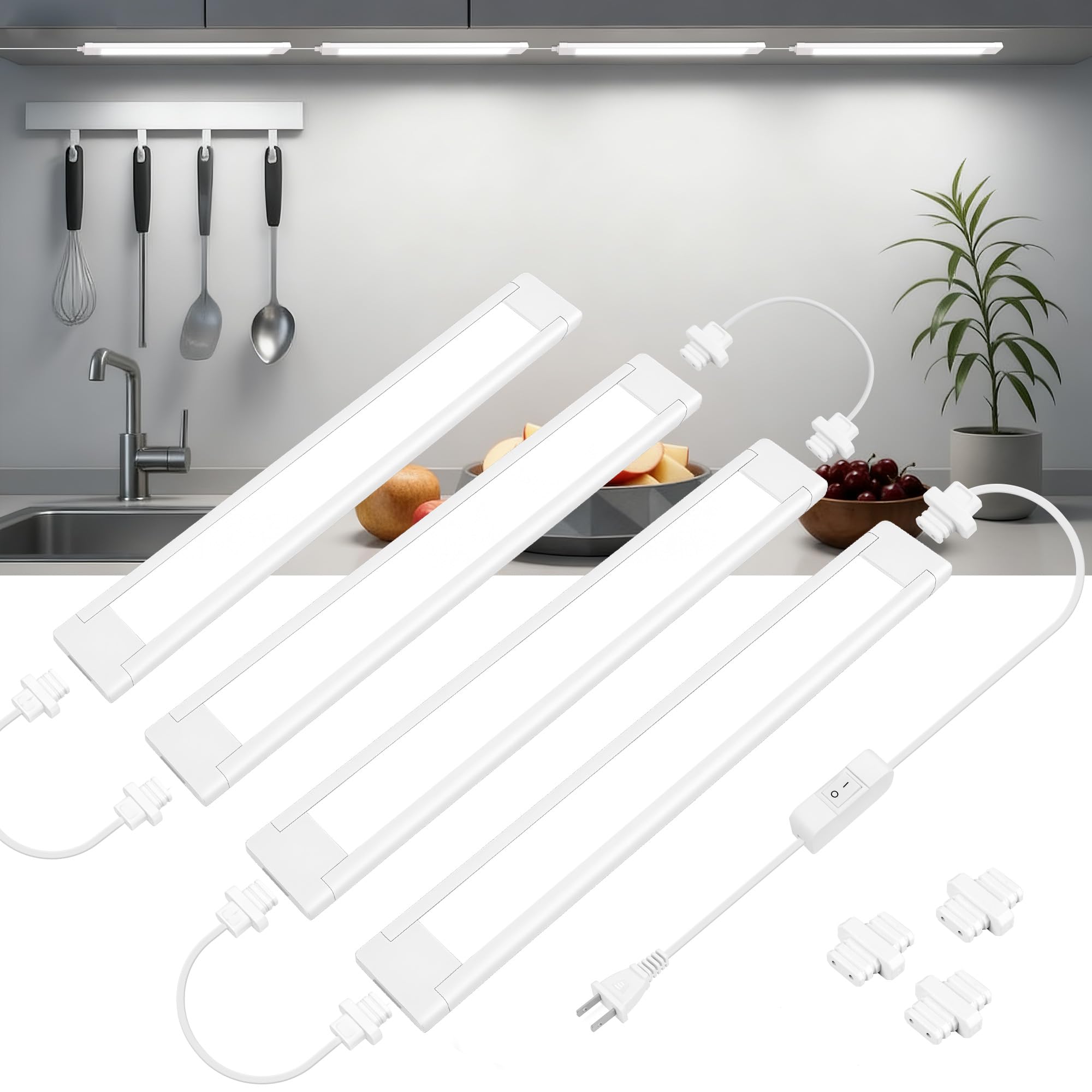 Maylit plug-in under-cabinet lighting kit brightens countertops with 6000K daylight.