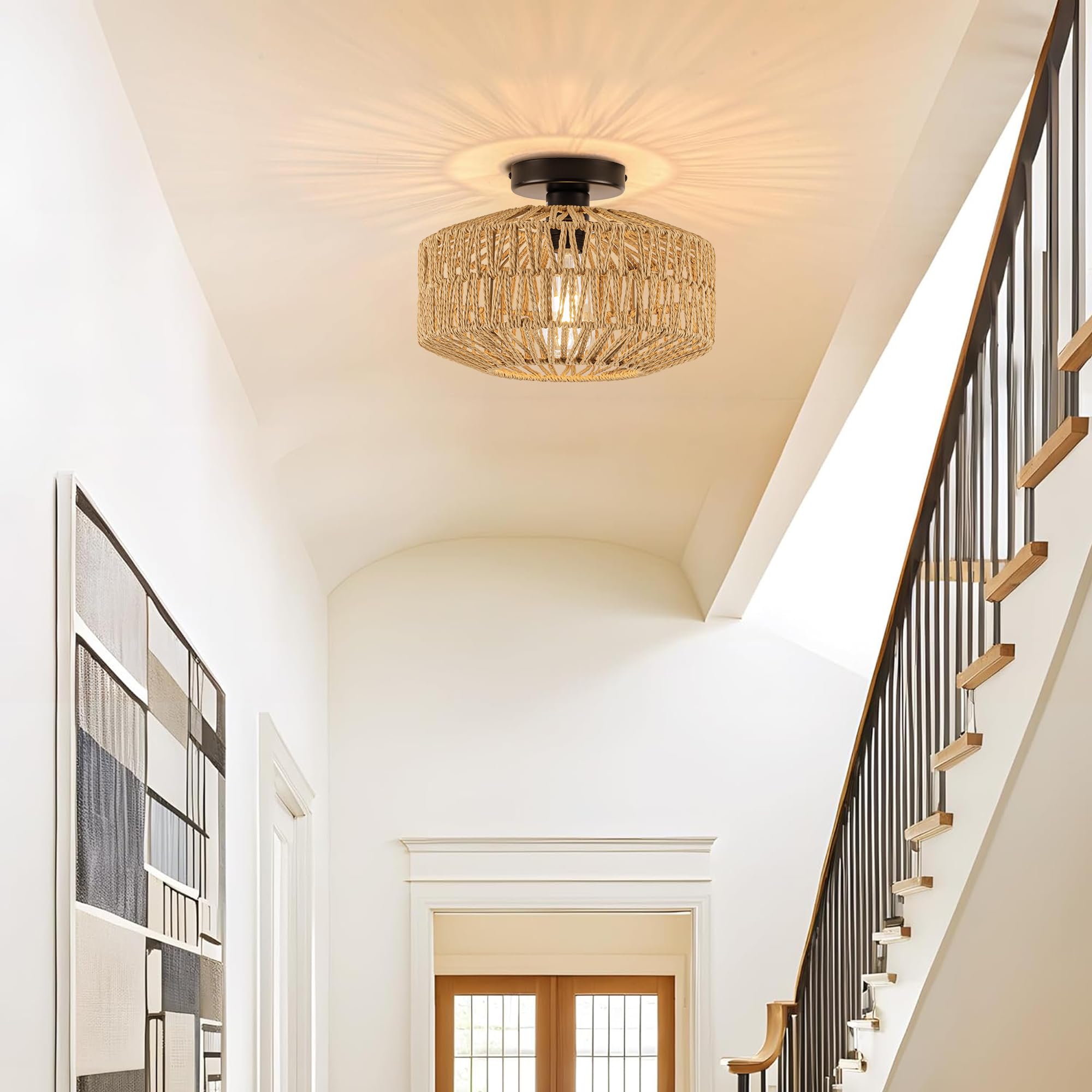 MAYNA boho woven rattan light fixture enhances rustic bedroom decor with soft illumination.