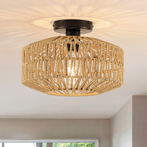 MAYNA eleven point eight inch rattan cage ceiling light provides warm ambient living room lighting.