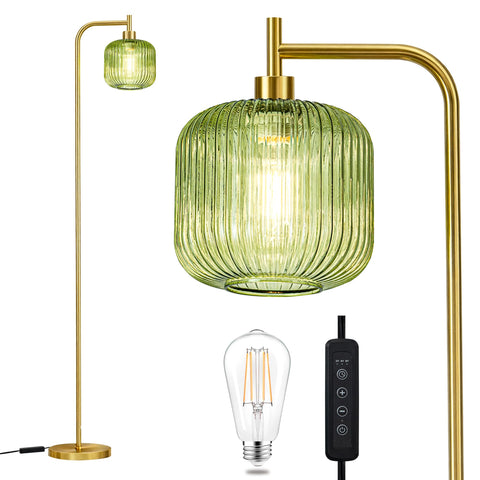 MAYNA glass floor lamp with slender pole and green shade enhances living room ambiance.