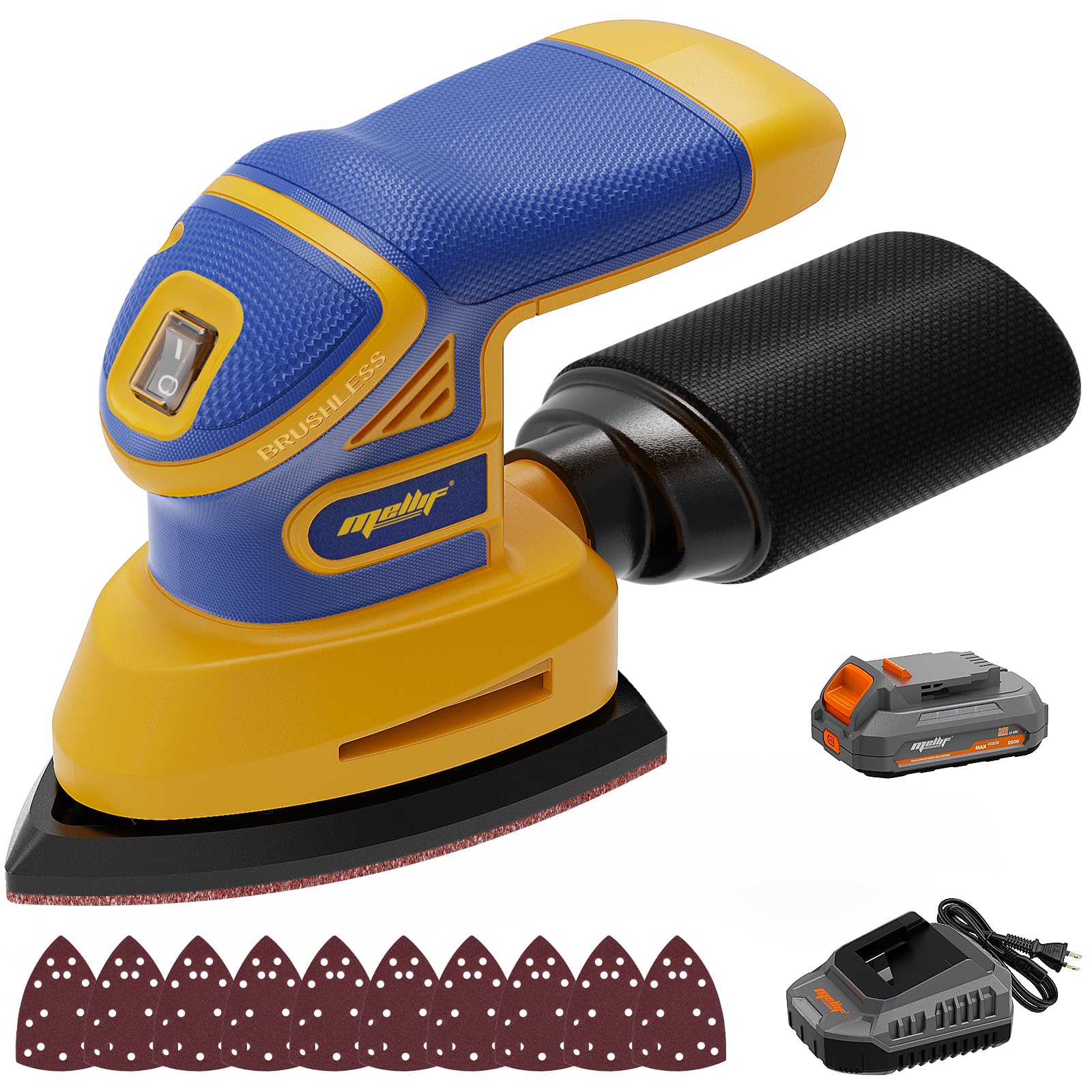Mayoki cordless detail sander with Dewalt compatibility for quick corner sanding on wood projects.