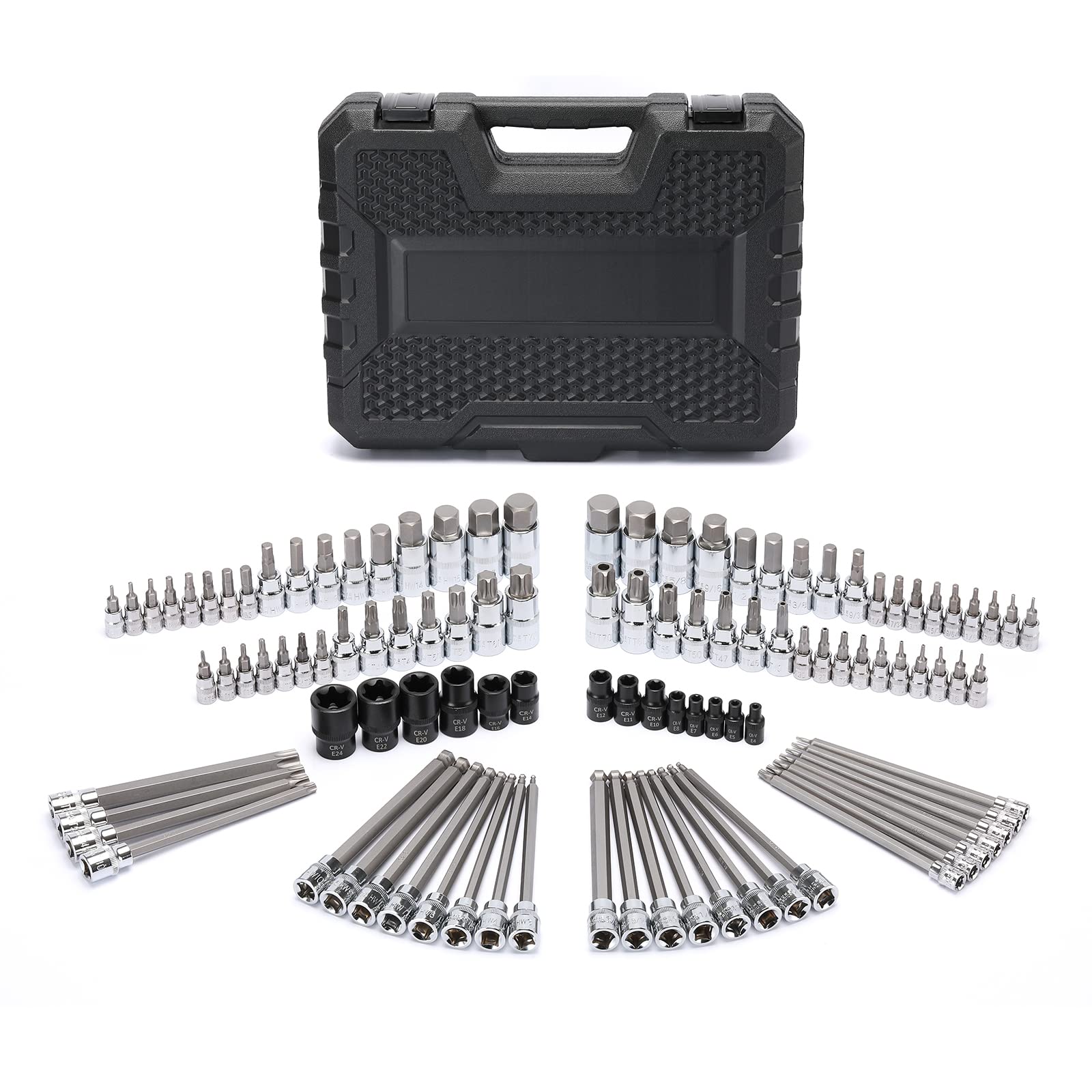 Mayouko 107-piece set features long ball-end hex bits for reaching tight fasteners
