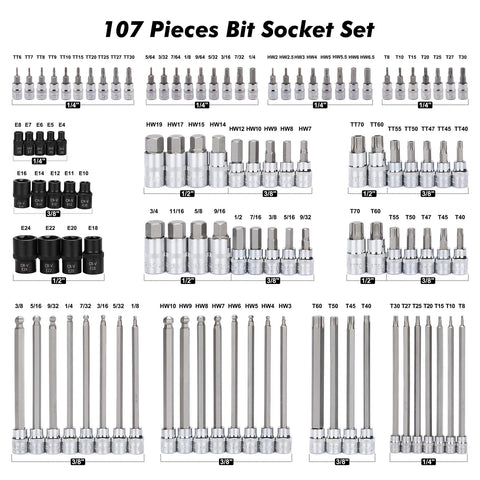 Mayouko 107-piece kit includes tamper-proof torx sockets for secure fastener compatibility