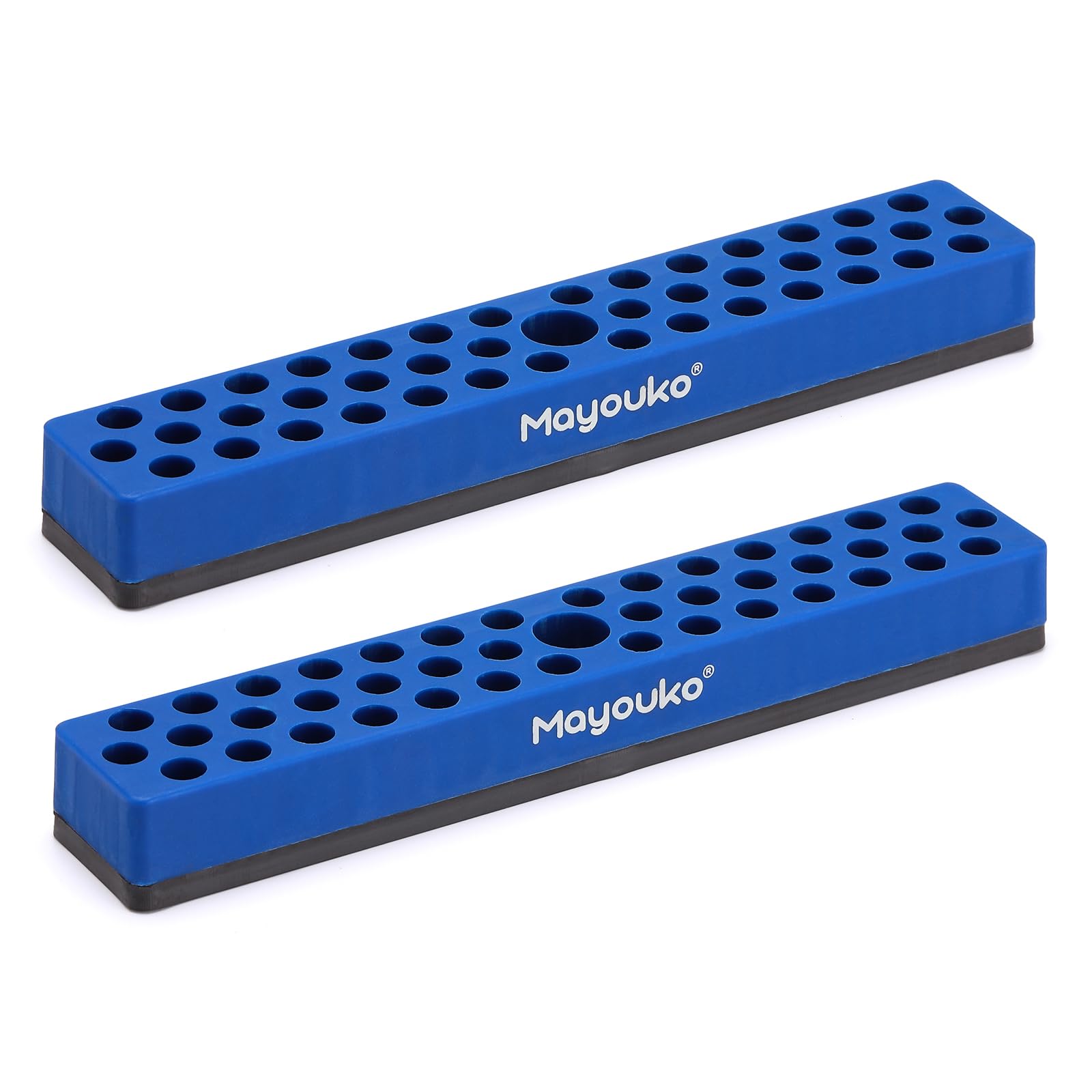Mayouko 43-hole blue bit holder seen from the side keeps bits organized and accessible.